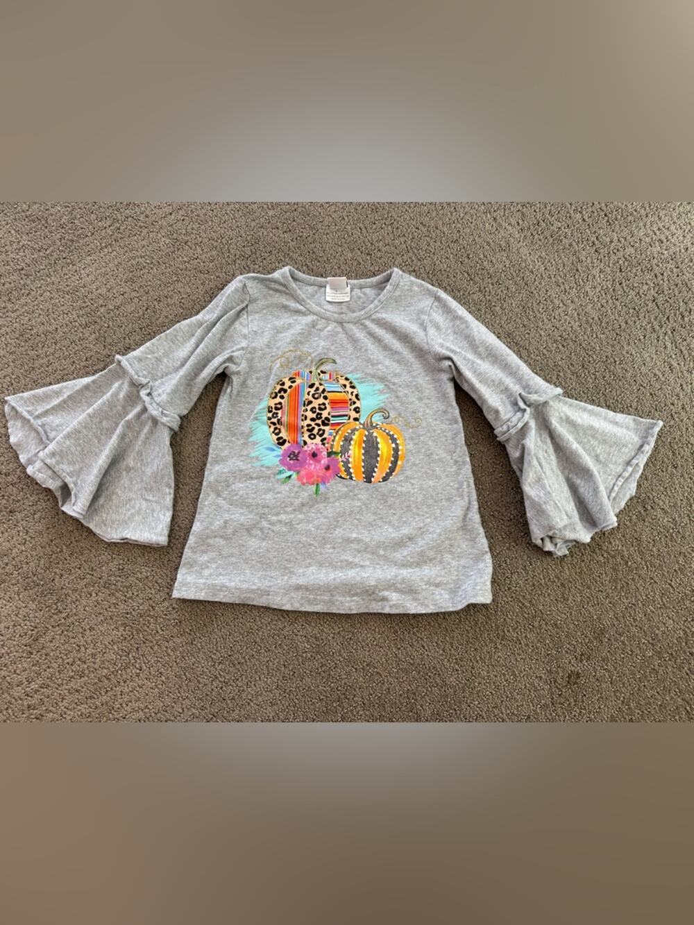 BMG Girls Youth Large Gray Ruffle Sleeve Fall Pumpkin Top – Great Quality